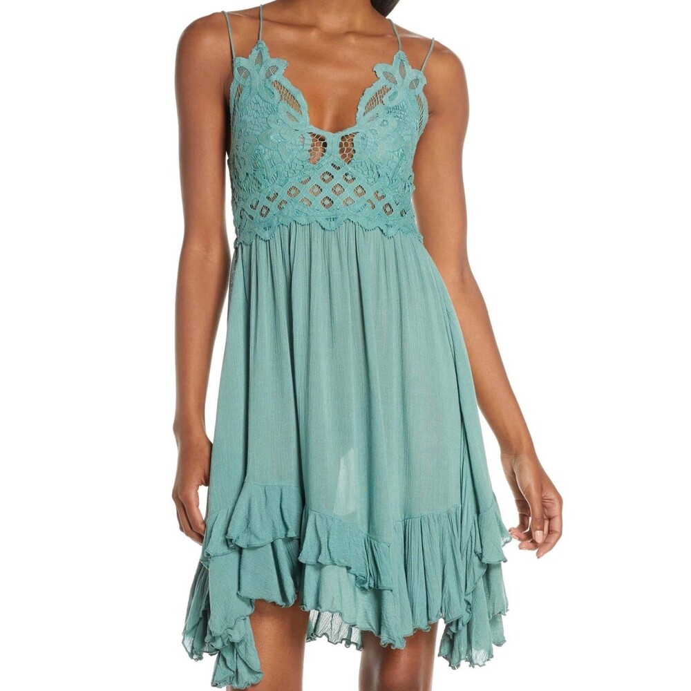 Free People one Lace Trim Ruffle Mini whimsical dress, sea glass Sz Small